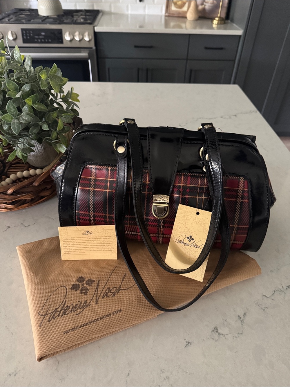 NWT Patricia Nash Corte Frame Satchel Gold Foil Tartan Leather Bag